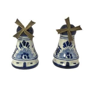 Delft Holland Dutch Windmill Blue White Salt and Pepper Shakers 2” Spins Small